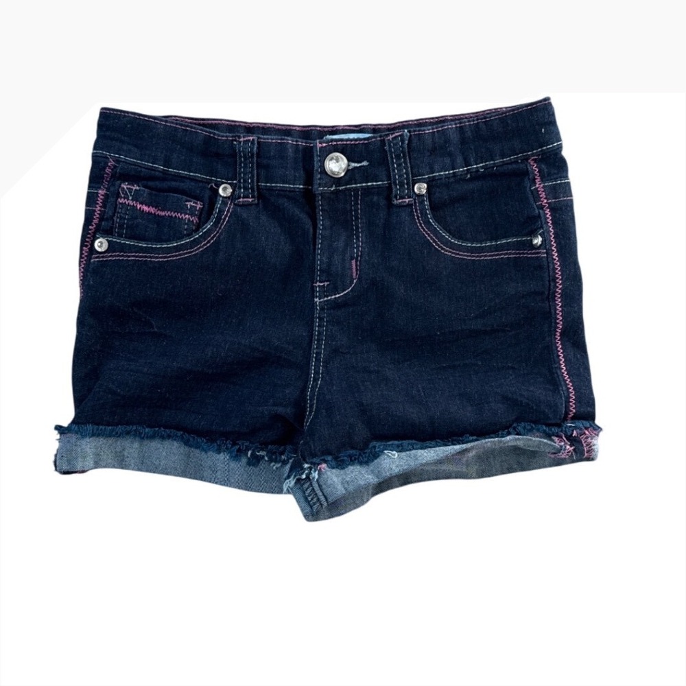 Mini Moca Kids Girls Denim Shorts Size‎ 14 Dark Wash Pink Stitching Frayed Hem
